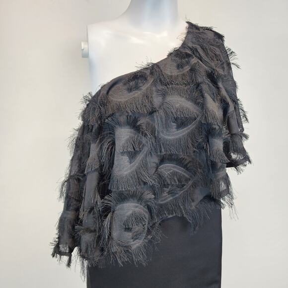 TCEC Asymmetric One Shoulder Black Dress Size S Fringe Evening New Years Party - Picture 4 of 16